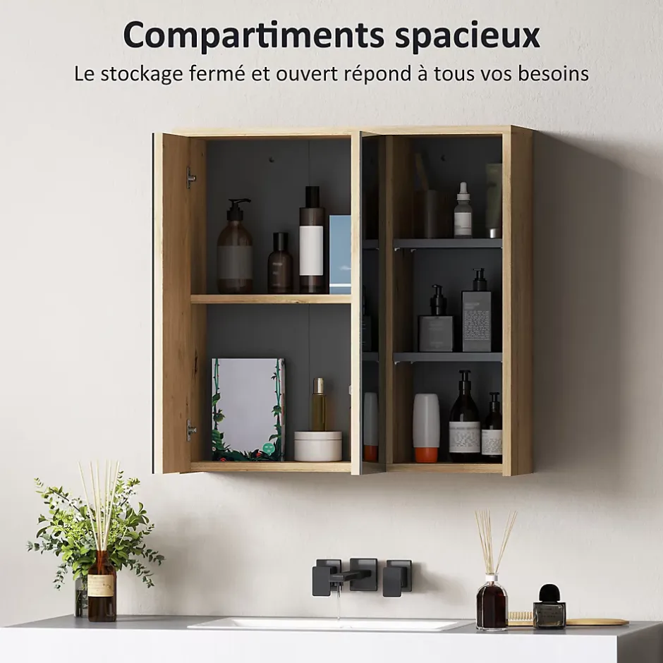Homcom Armoire miroir de salle de bain - 2 portes, étagère, 3 niches - dim. 60 x 20 x 60 cm - effet bois clair naturel