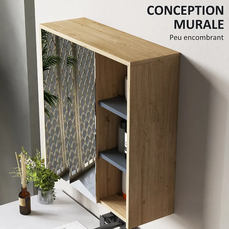 Homcom Armoire miroir de salle de bain - 2 portes, étagère, 3 niches - dim. 60 x 20 x 60 cm - effet bois clair naturel