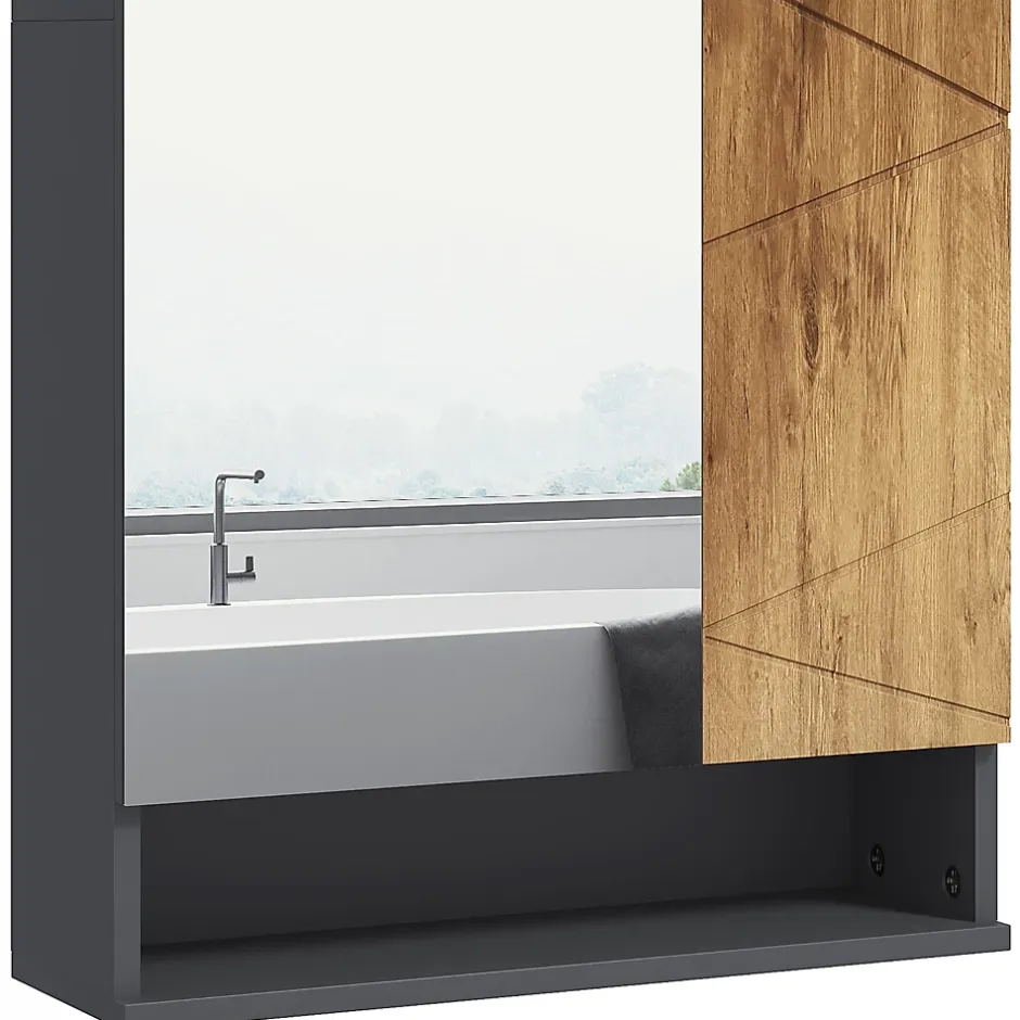 kleankin Armoire miroir de salle de bain - 2 portes, 2 étagères, niche - anthracite aspect bois* Armoire De Toilette
