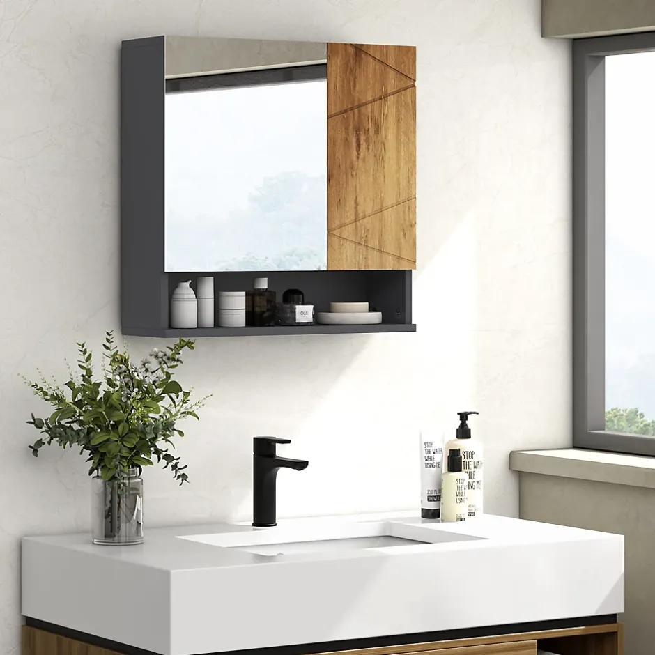 kleankin Armoire miroir de salle de bain - 2 portes, 2 étagères, niche - anthracite aspect bois* Armoire De Toilette