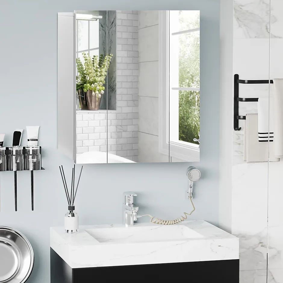 kleankin Armoire miroir de salle de bain armoire murale 3 portes 2 étagères dim. 70L x 15l x 60H cm MDF blanc