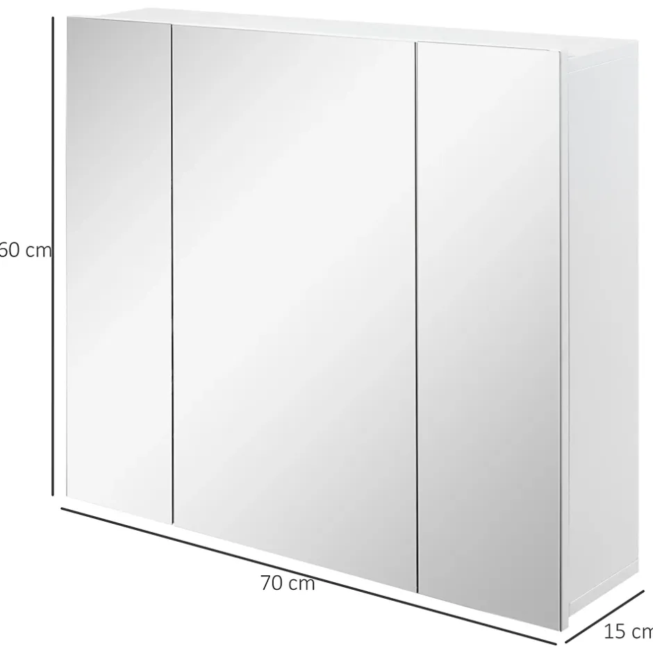 kleankin Armoire miroir de salle de bain armoire murale 3 portes 2 étagères dim. 70L x 15l x 60H cm MDF blanc