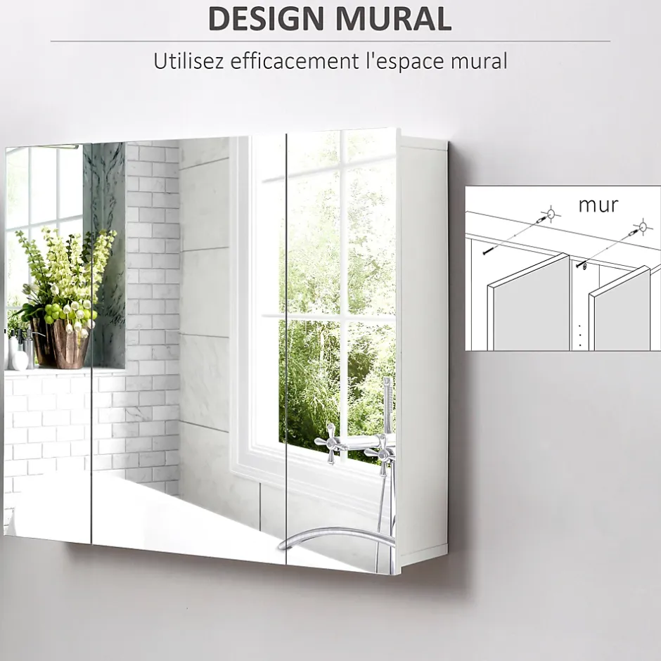 kleankin Armoire miroir de salle de bain armoire murale 3 portes 2 étagères dim. 70L x 15l x 60H cm MDF blanc