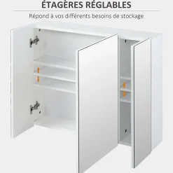 kleankin Armoire miroir de salle de bain armoire murale 3 portes 2 étagères dim. 70L x 15l x 60H cm MDF blanc