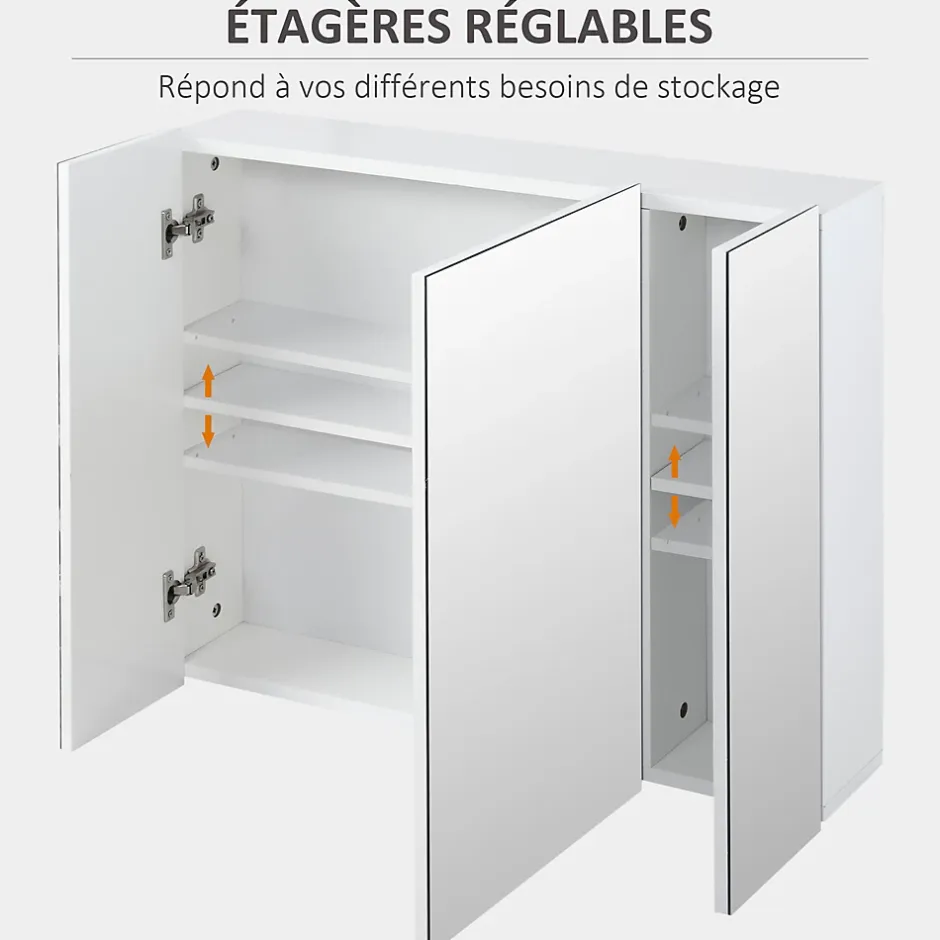 kleankin Armoire miroir de salle de bain armoire murale 3 portes 2 étagères dim. 70L x 15l x 60H cm MDF blanc