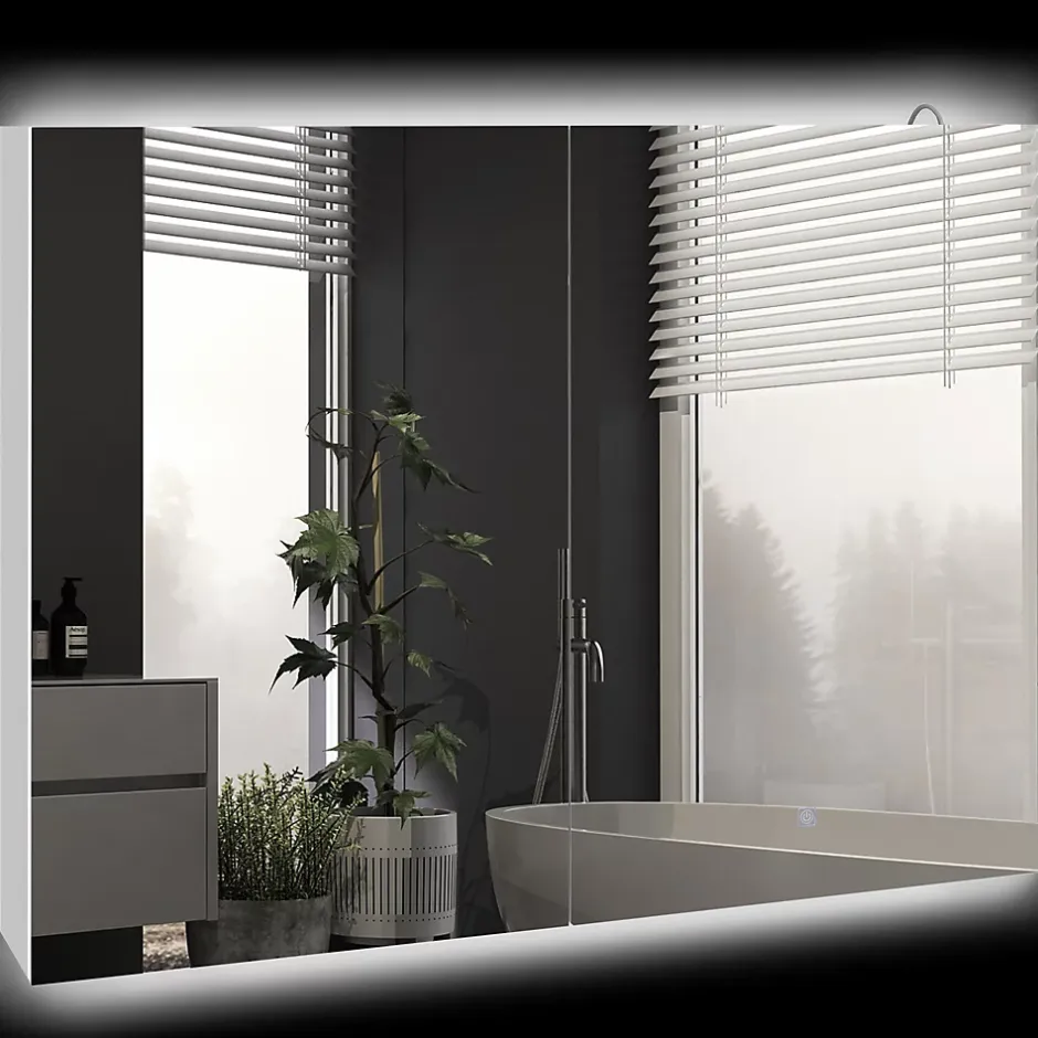 kleankin Armoire miroir LED de salle de bain - 2 portes, 2 étagères - tactile, lumière réglable - MDF blanc laqué verre* Armoire De Salle De Bains