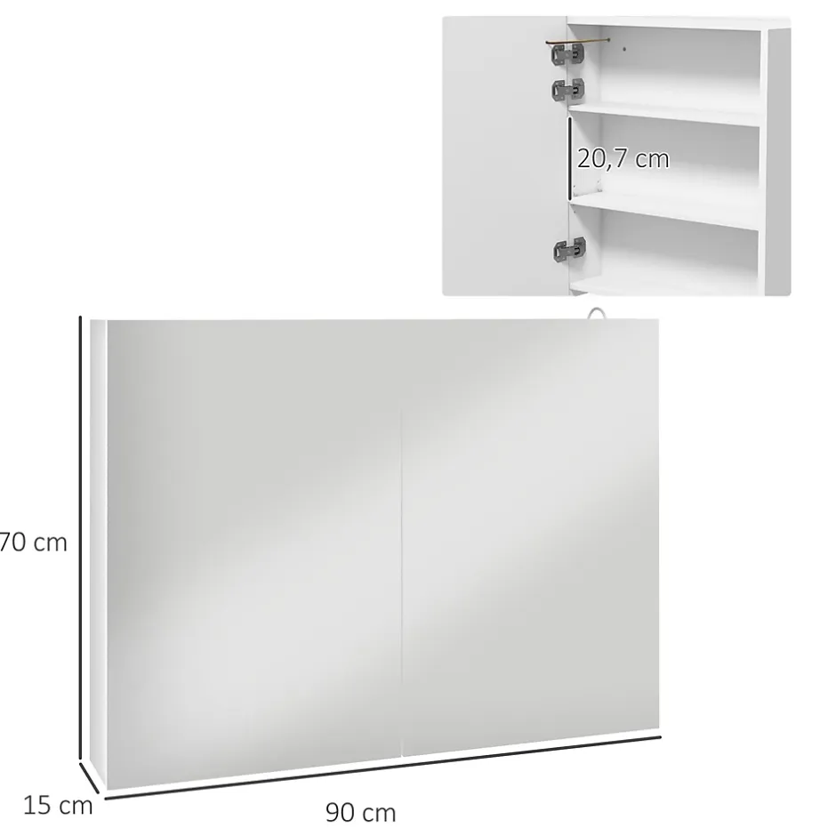 kleankin Armoire miroir LED de salle de bain - 2 portes, 2 étagères - tactile, lumière réglable - MDF blanc laqué verre* Armoire De Salle De Bains