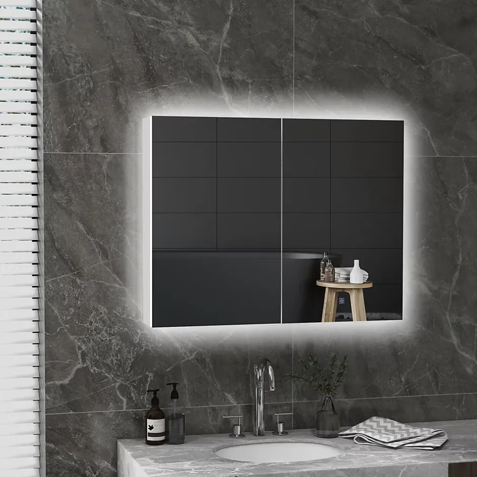 kleankin Armoire miroir LED de salle de bain - 2 portes, 2 étagères - tactile, lumière réglable - MDF blanc laqué verre* Armoire De Salle De Bains