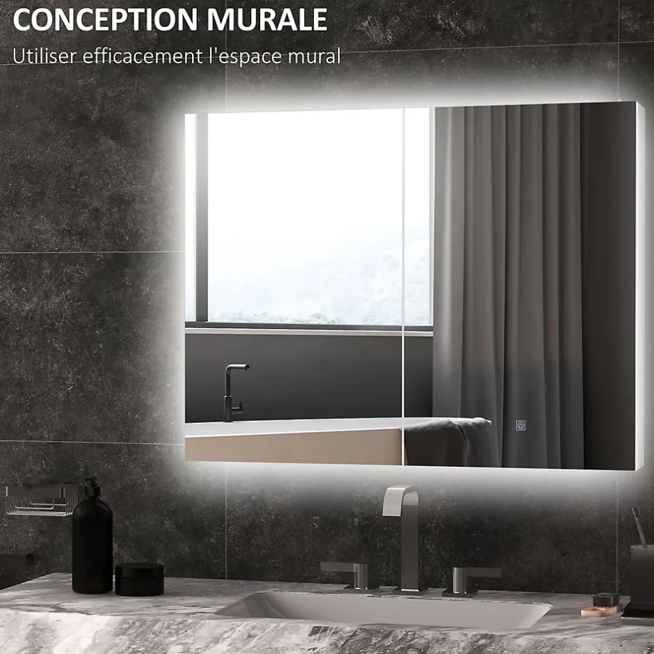 kleankin Armoire miroir LED de salle de bain - 2 portes, 2 étagères - tactile, lumière réglable - MDF blanc laqué verre* Armoire De Salle De Bains