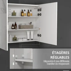 kleankin Armoire miroir LED de salle de bain - 2 portes, 2 étagères - tactile, lumière réglable - MDF blanc laqué verre* Armoire De Salle De Bains