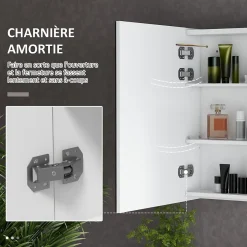 kleankin Armoire miroir LED de salle de bain - 2 portes, 2 étagères - tactile, lumière réglable - MDF blanc laqué verre* Armoire De Salle De Bains