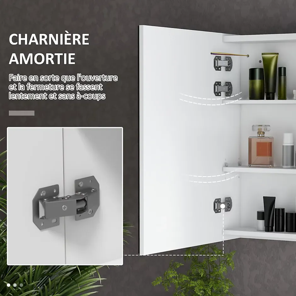 kleankin Armoire miroir LED de salle de bain - 2 portes, 2 étagères - tactile, lumière réglable - MDF blanc laqué verre* Armoire De Salle De Bains