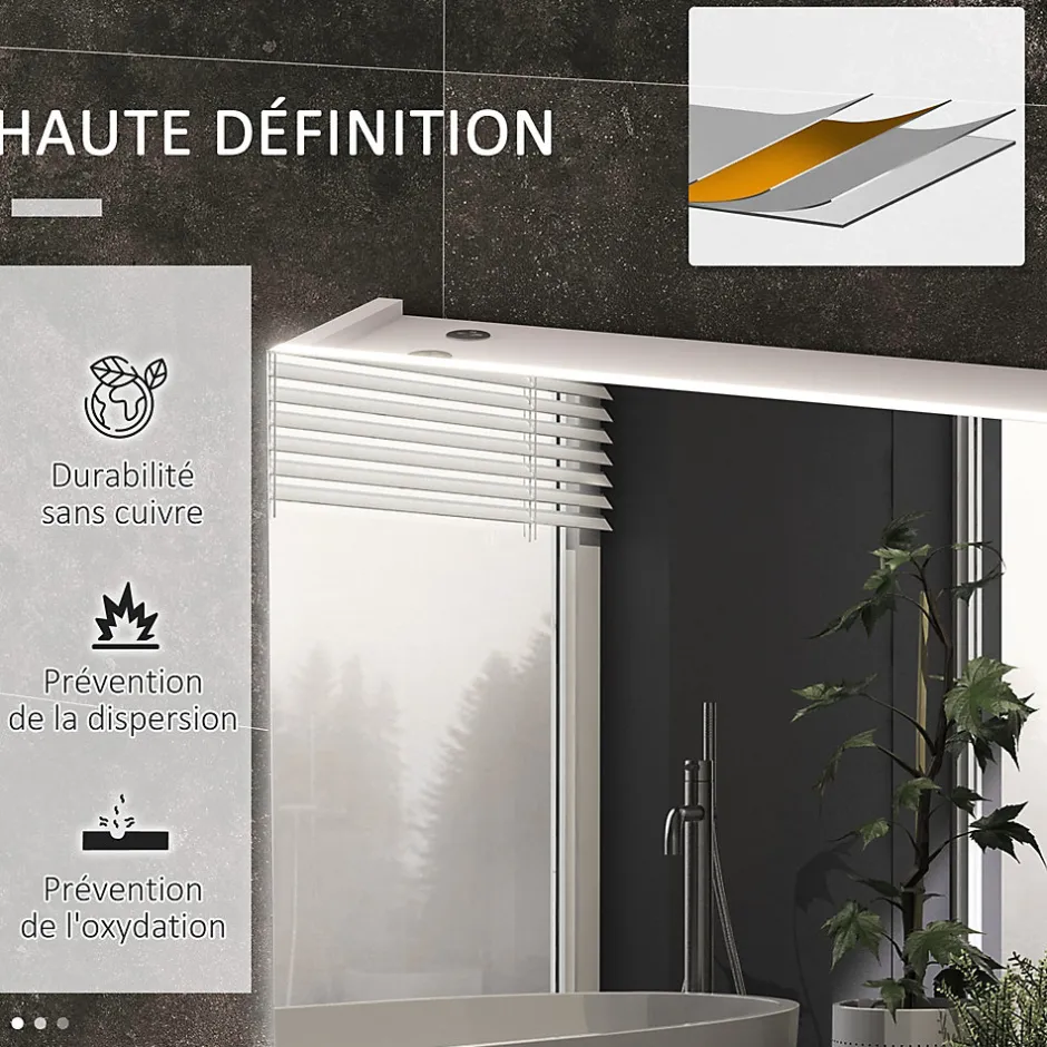 kleankin Armoire miroir LED de salle de bain - 2 portes, 2 étagères - tactile, lumière réglable - MDF blanc laqué verre* Armoire De Salle De Bains