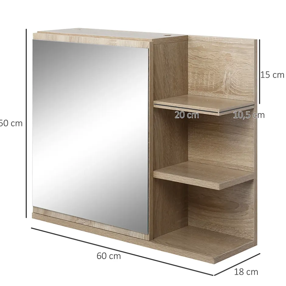 kleankin Armoire miroir murale de salle de bain avec étagère - 3 étagères latérales, kit installation - aspect chêne clair