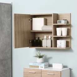 kleankin Armoire miroir murale de salle de bain avec étagère - 3 étagères latérales, kit installation - aspect chêne clair