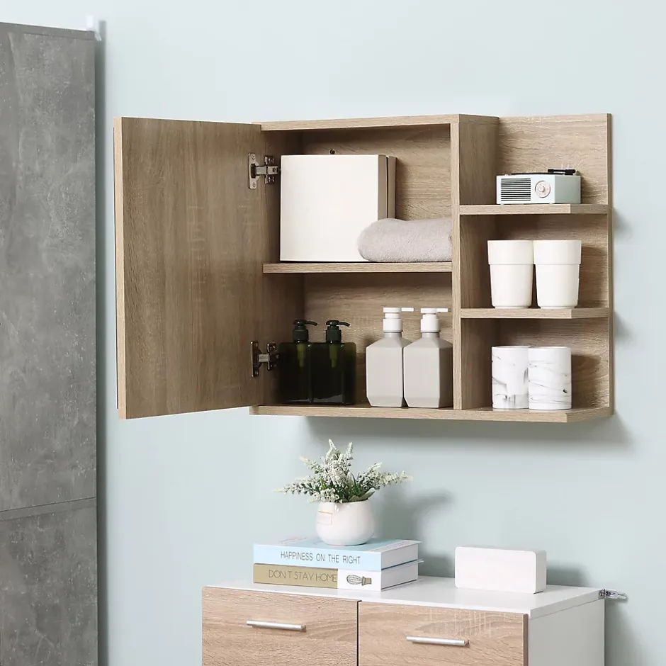 kleankin Armoire miroir murale de salle de bain avec étagère - 3 étagères latérales, kit installation - aspect chêne clair