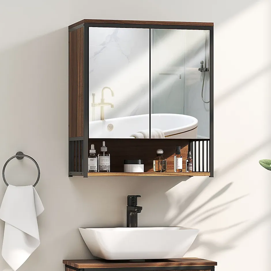 Homcom Armoire miroir murale salle de bain 2 portes design - étagère, niche - métal noir effet bois noyer* Armoire De Toilette