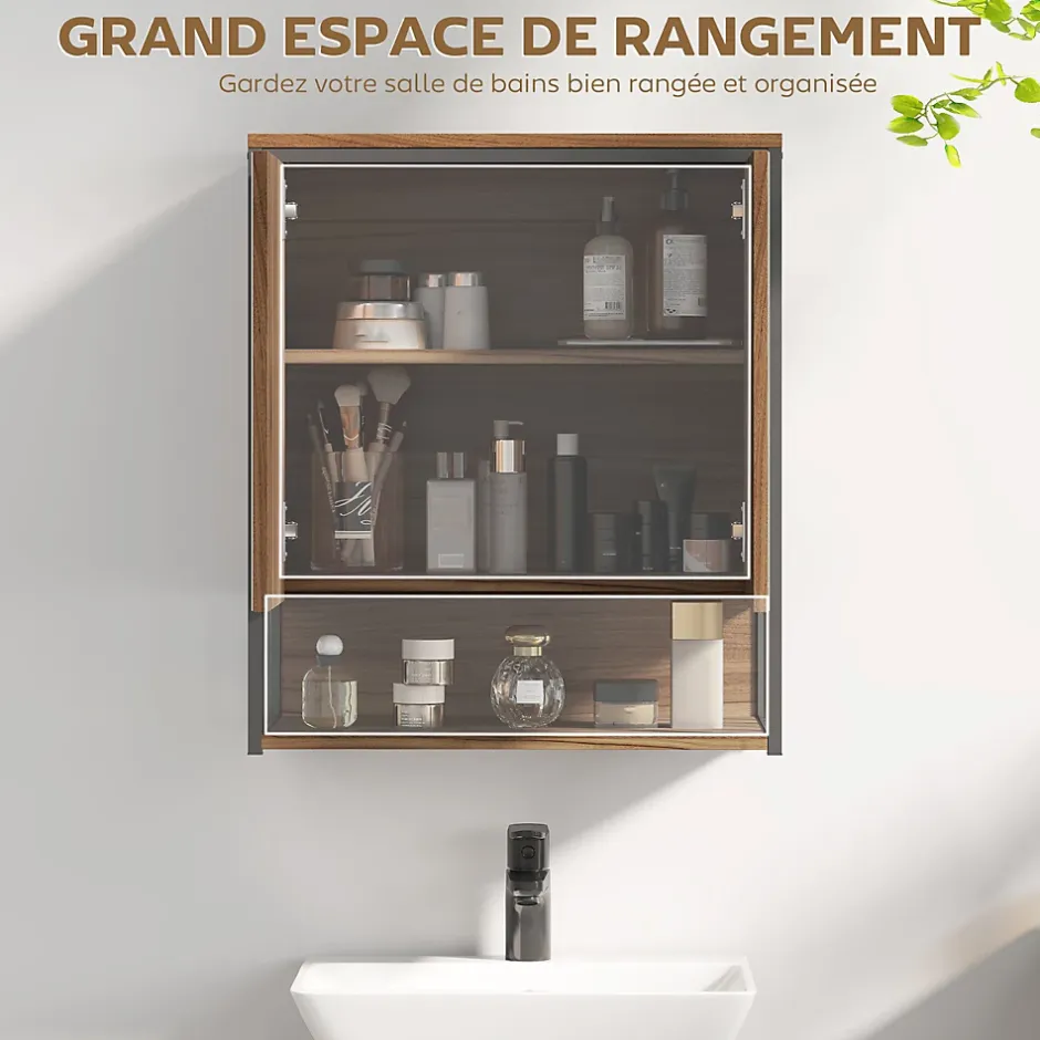 Homcom Armoire miroir murale salle de bain 2 portes design - étagère, niche - métal noir effet bois noyer* Armoire De Toilette