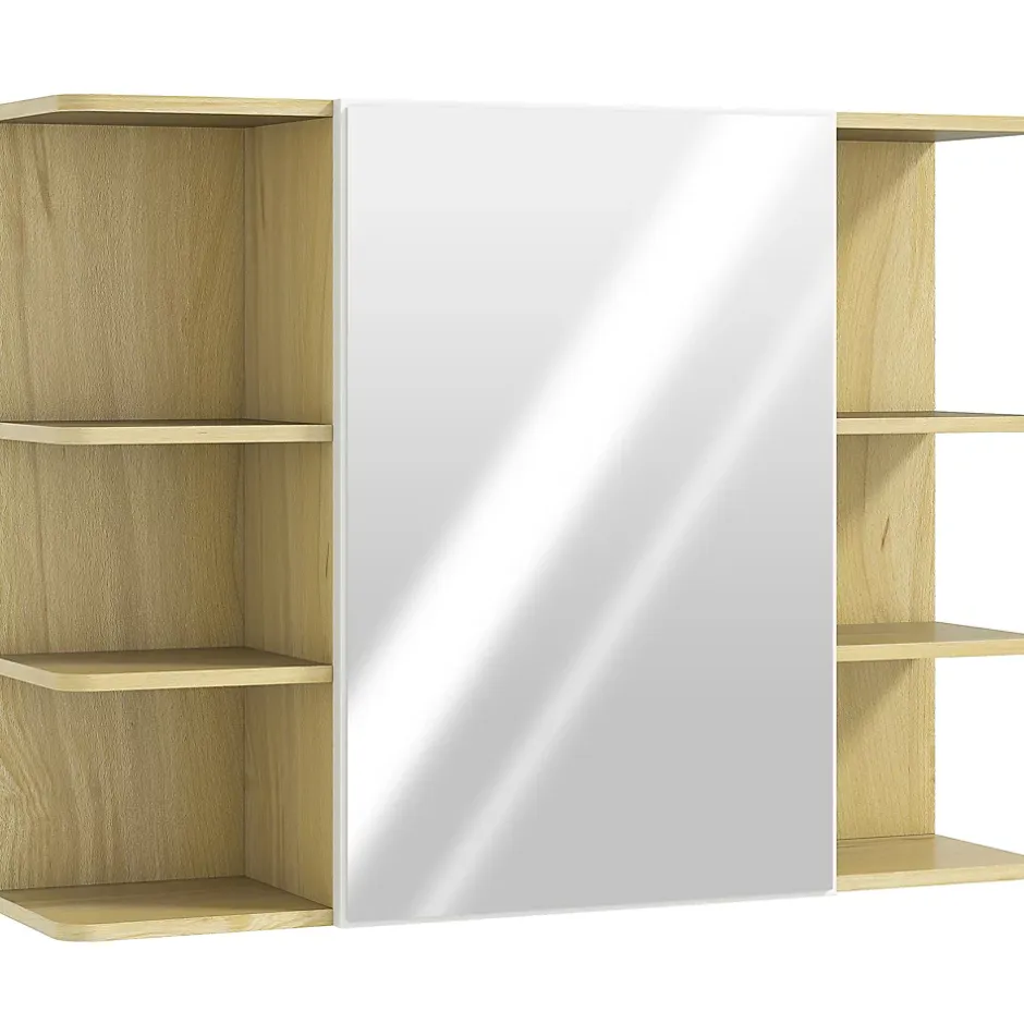 Homcom Armoire miroir murale salle de bain - porte, étagère, 2x3 tablettes latérales - 80 x 20 x 59 cm - effet bois clair* Armoire De Toilette