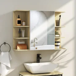 Homcom Armoire miroir murale salle de bain - porte, étagère, 2x3 tablettes latérales - 80 x 20 x 59 cm - effet bois clair* Armoire De Toilette