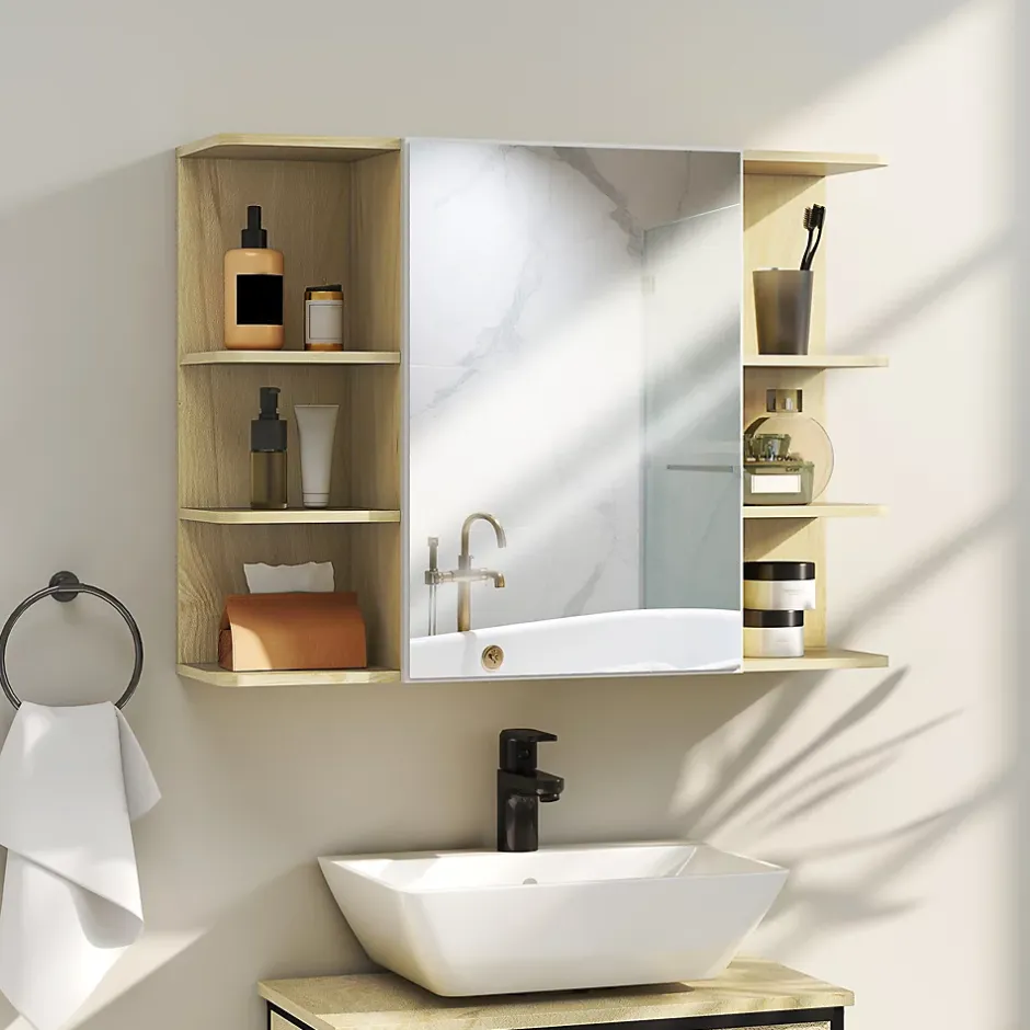Homcom Armoire miroir murale salle de bain - porte, étagère, 2x3 tablettes latérales - 80 x 20 x 59 cm - effet bois clair* Armoire De Toilette
