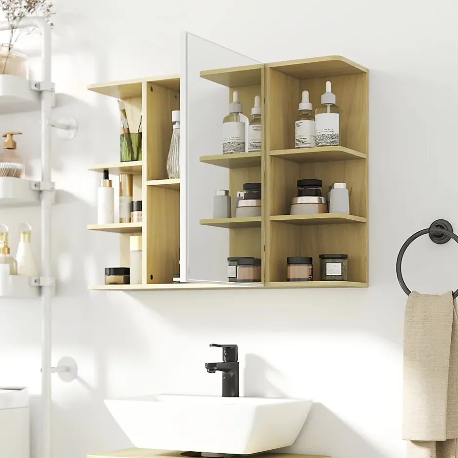 Homcom Armoire miroir murale salle de bain - porte, étagère, 2x3 tablettes latérales - 80 x 20 x 59 cm - effet bois clair* Armoire De Toilette