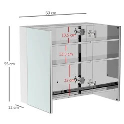 Homcom Armoire miroir rangement toilette salle de bain meuble mural dim. 60L x 12l x 55H cm acier inox.