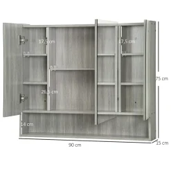 kleankin Armoire miroir salle de bain 3 portes 5 étagères, niche - 90 x 15 x 75 cm - effet bois gris* Armoire De Toilette