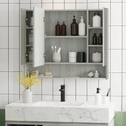 kleankin Armoire miroir salle de bain 3 portes 5 étagères, niche - 90 x 15 x 75 cm - effet bois gris* Armoire De Toilette