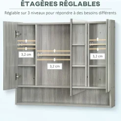 kleankin Armoire miroir salle de bain 3 portes 5 étagères, niche - 90 x 15 x 75 cm - effet bois gris* Armoire De Toilette