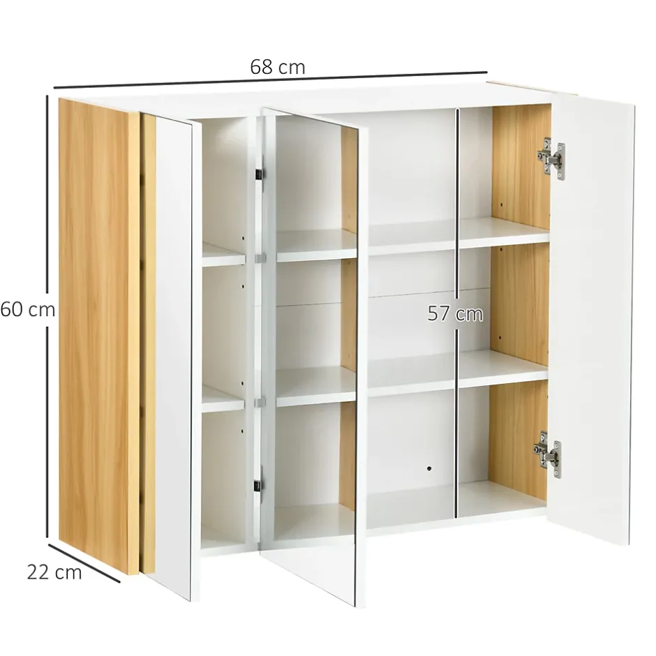 kleankin Armoire miroir salle de bain 3 portes 4 étagères aspect bois clair blanc* Armoire De Toilette