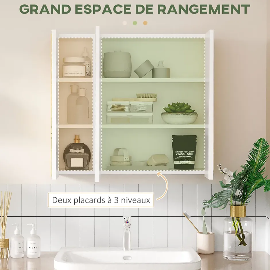 kleankin Armoire miroir salle de bain 3 portes 4 étagères aspect bois clair blanc* Armoire De Toilette