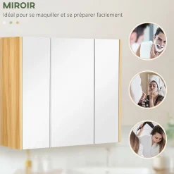 kleankin Armoire miroir salle de bain 3 portes 4 étagères aspect bois clair blanc* Armoire De Toilette