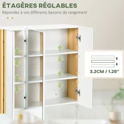 kleankin Armoire miroir salle de bain 3 portes 4 étagères aspect bois clair blanc* Armoire De Toilette