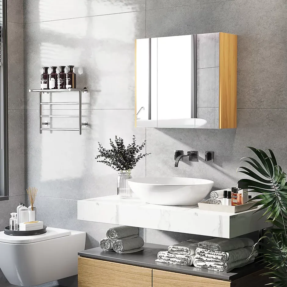kleankin Armoire miroir salle de bain 3 portes 4 étagères aspect bois clair blanc* Armoire De Toilette