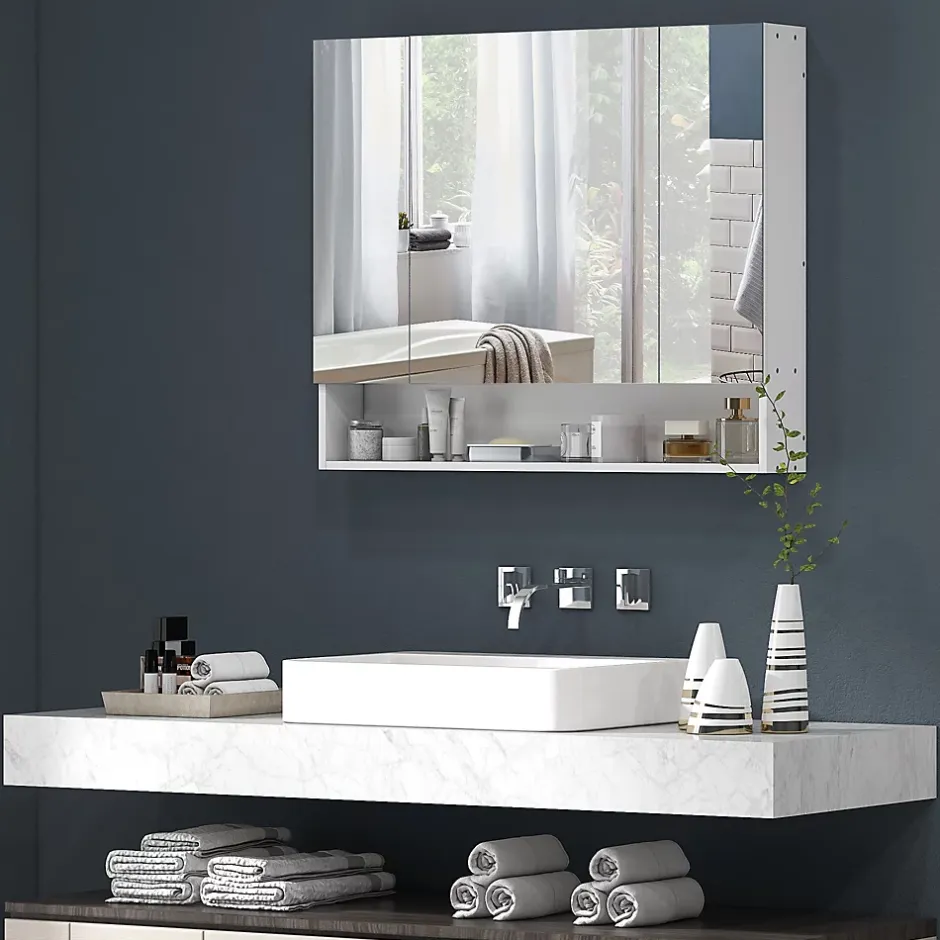 kleankin Armoire miroir salle de bain 3 portes 5 étagères, niche - 90 x 15 x 75 cm - blanc