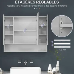 kleankin Armoire miroir salle de bain 3 portes 5 étagères, niche - 90 x 15 x 75 cm - blanc