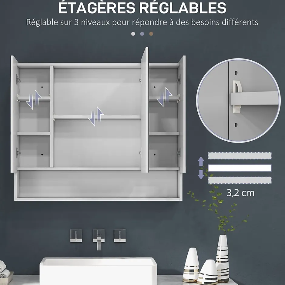 kleankin Armoire miroir salle de bain 3 portes 5 étagères, niche - 90 x 15 x 75 cm - blanc