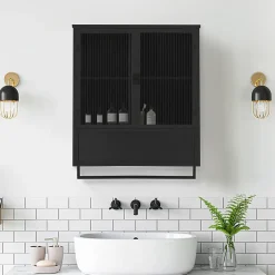 Okwish Armoire Murale 2 Portes avec Porte-Serviettes et Étagère Ouverte, Meuble en Verre et Métal pour Salle de Bain - 60x23x78 cm - Noir* Armoire De Salle De Bains