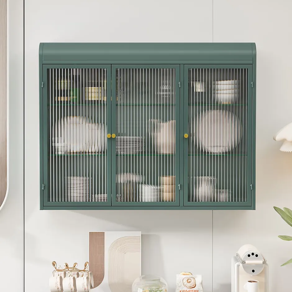 Okwish Armoire Murale 3 Portes Salle de Bain design Moderne avec Cadre Métal Vert et Verre, Meuble de Rangement, Vert foncé* Armoire De Salle De Bains