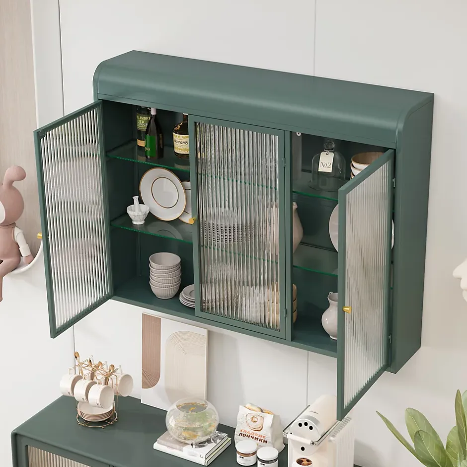 Okwish Armoire Murale 3 Portes Salle de Bain design Moderne avec Cadre Métal Vert et Verre, Meuble de Rangement, Vert foncé* Armoire De Salle De Bains