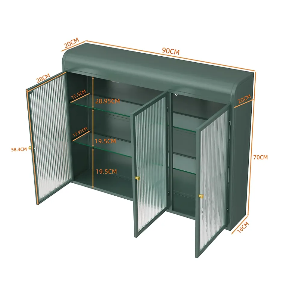 Okwish Armoire Murale 3 Portes Salle de Bain design Moderne avec Cadre Métal Vert et Verre, Meuble de Rangement, Vert foncé* Armoire De Salle De Bains