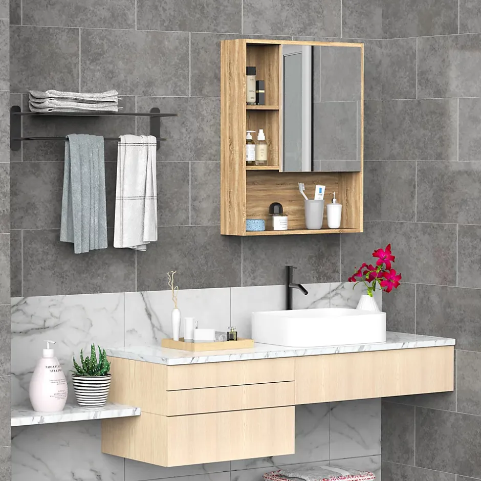 Homcom Armoire murale de rangement salle de bain avec porte miroir couleur bois de chêne dim. 60L x 15l x H76 cm