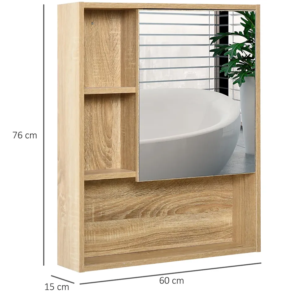 Homcom Armoire murale de rangement salle de bain avec porte miroir couleur bois de chêne dim. 60L x 15l x H76 cm