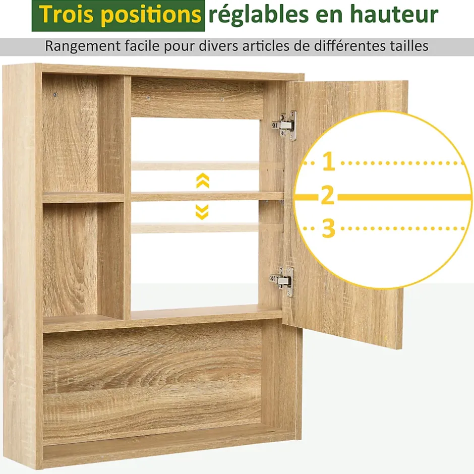 Homcom Armoire murale de rangement salle de bain avec porte miroir couleur bois de chêne dim. 60L x 15l x H76 cm