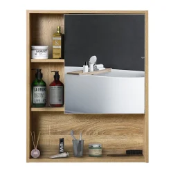 Homcom Armoire murale de rangement salle de bain avec porte miroir couleur bois de chêne dim. 60L x 15l x H76 cm