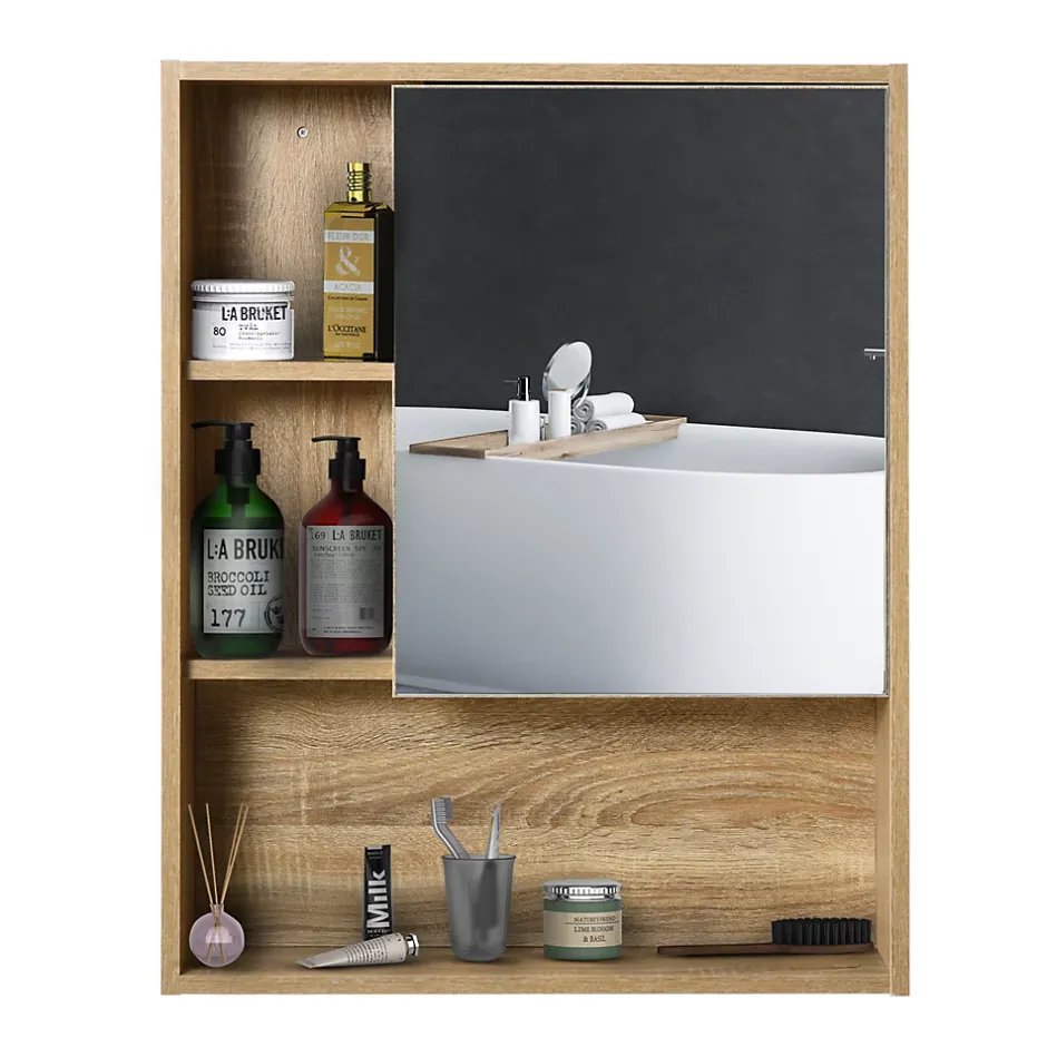 Homcom Armoire murale de rangement salle de bain avec porte miroir couleur bois de chêne dim. 60L x 15l x H76 cm