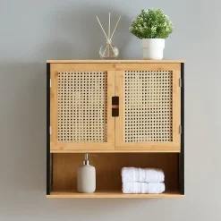 [En.Casa] Armoire murale de salle de bain Tervola 60 x 60 x 20 cm noir naturel effet rotin en.casa