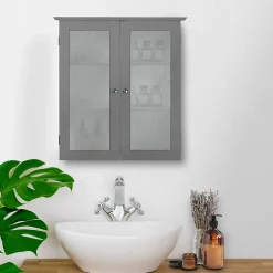 Teamson Home Armoire murale de salle de bain effet bois gris portes dépolies