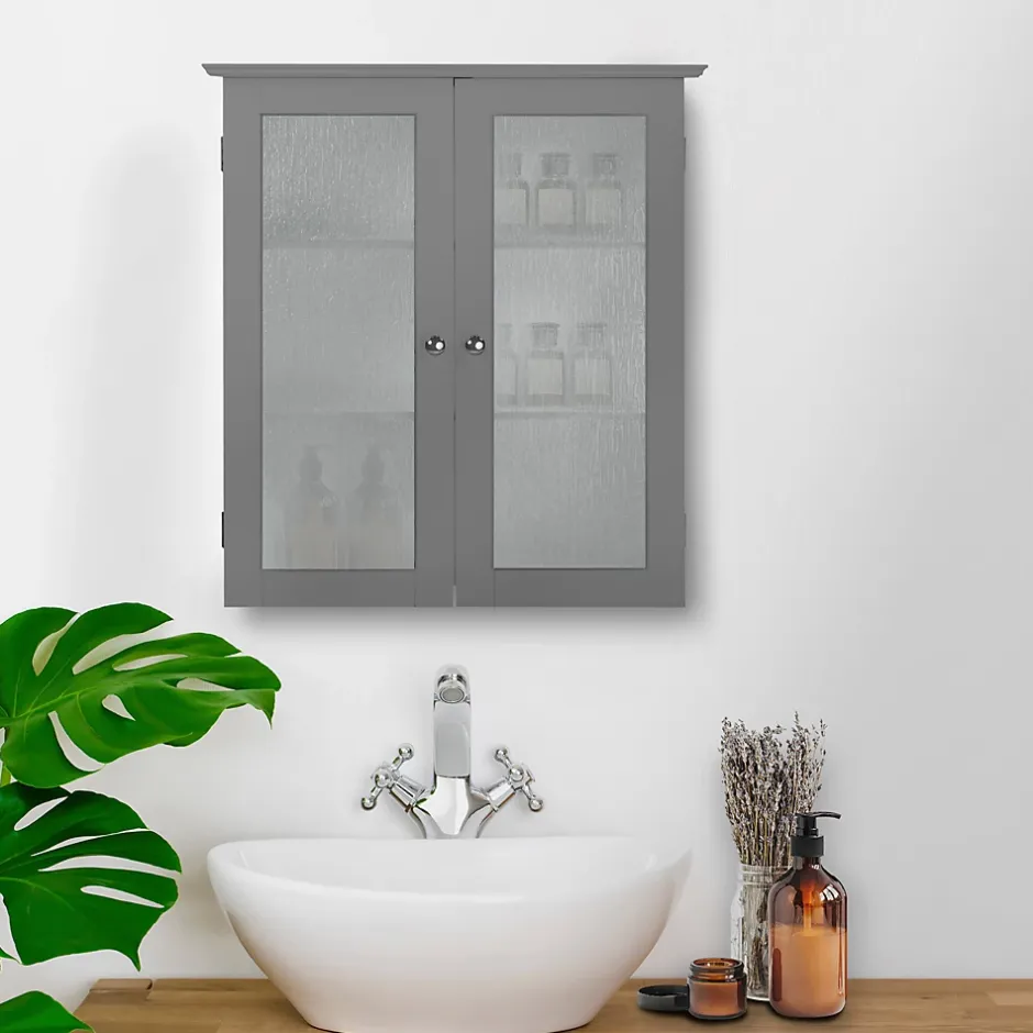 Teamson Home Armoire murale de salle de bain effet bois gris portes dépolies